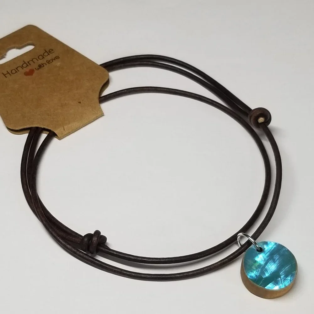 Mermaid Reversible Abalone Shell Solid Hardwood with Real Leather Cord Slip Knot - Picture 1 of 8